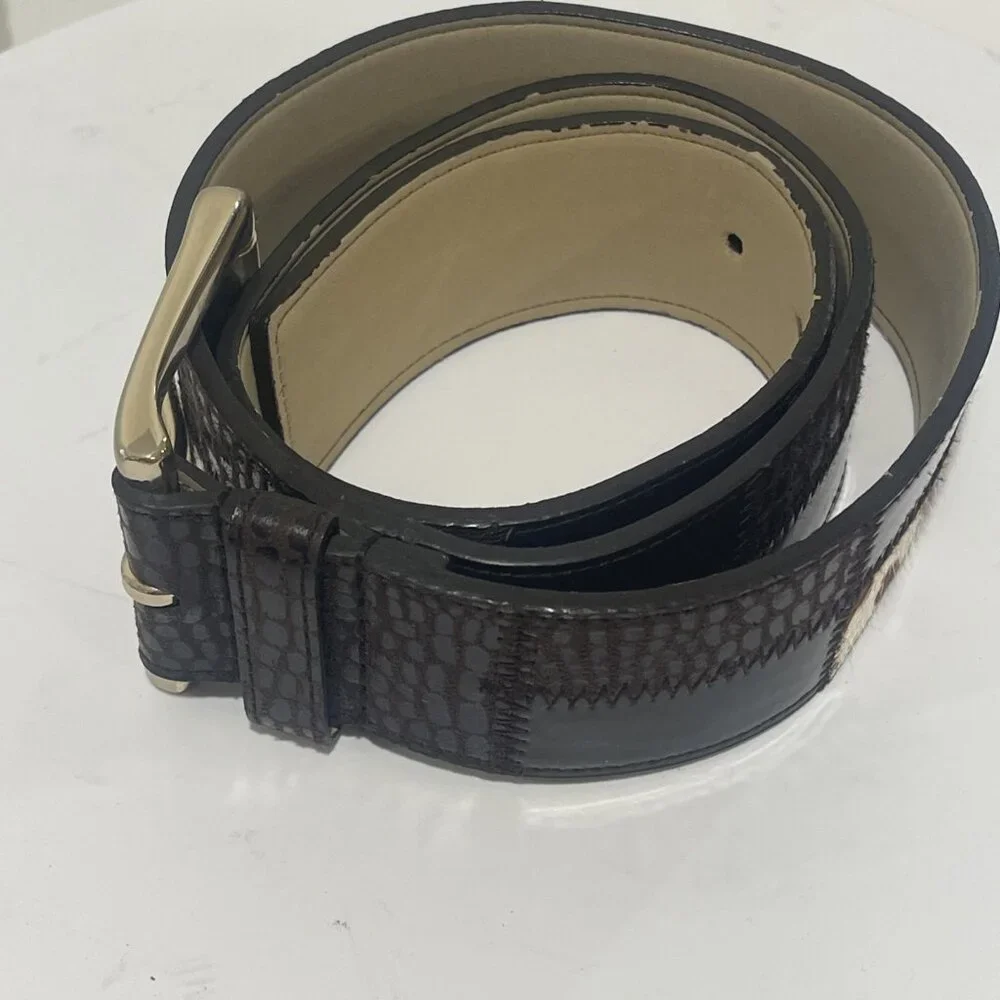 NINE WEST LEATHER PATCHWORK BROWN BELT WOMEN COWHIDE GOLD BUCKLE‎ SMALL PELLING